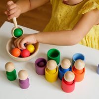 A sorter toy for preschool development: balls in cups. Wooden multi-colored figures, balls, cylinders with a spoon and a plate for sorting by color. Development of fine motor skills of the hands
